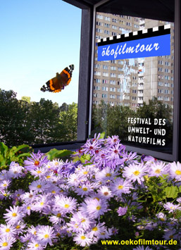 Plakat: Spiegelbild eines Hochhauses in einer Fensterscheibe, Schmetterling vor blauem Himmel, im Vordergrund Blumen