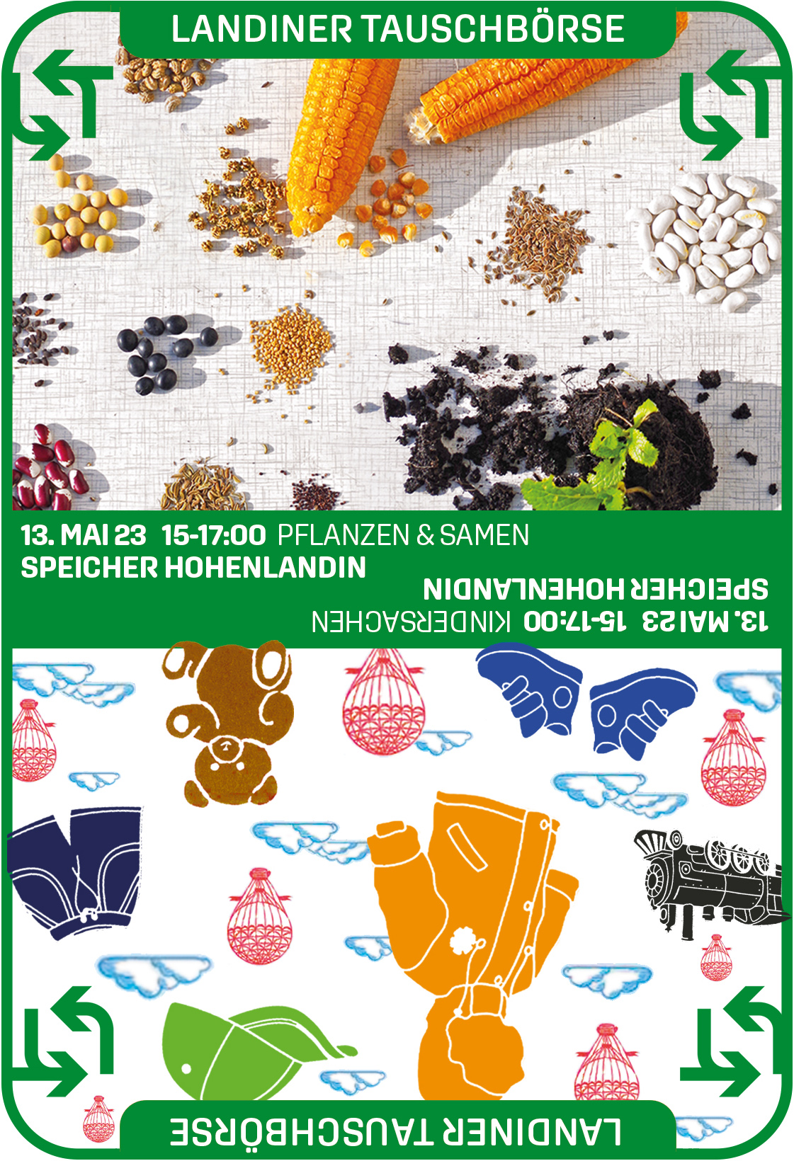 Plakat mit Text, Foto von Samen und Pflanzen und Grafiken von Kinderspielsachen, Bekleidung, Wolken und Ballons