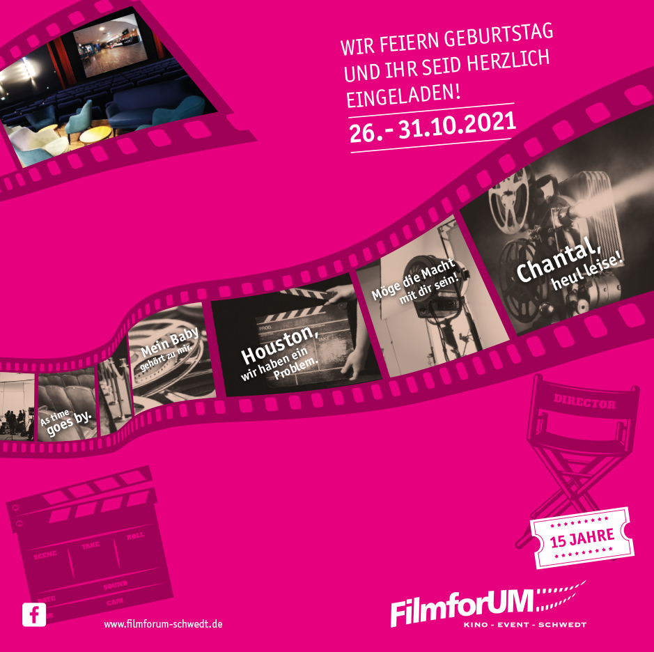 Flyer mit Filmsprüche auf pinkem Grund