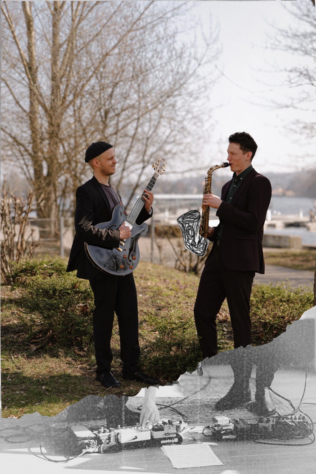 Fotomontage: 2 Musiker mit Instrumenten