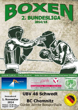 Plakat mit Informationen und einer Grafik, die 2 Boxer im Kampf zeigt