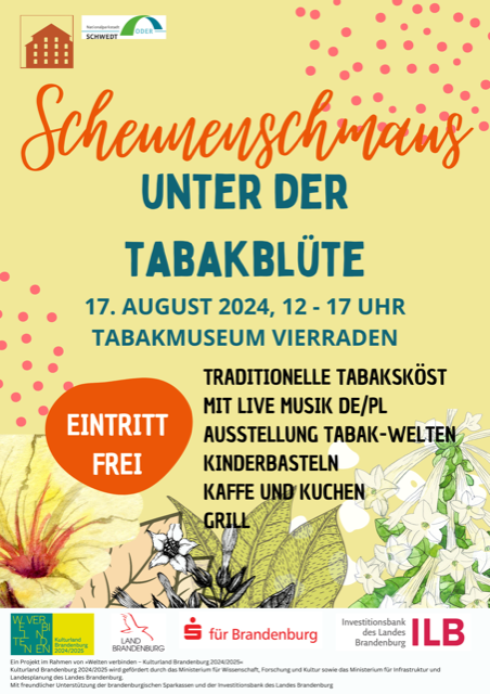 Bunter Plakat mit Textinformation und Tabakblüten in verschiedenen Farbern im unteren Bereich. 