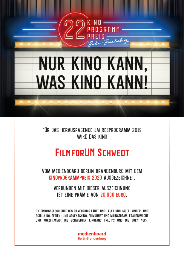 Urkunde 22. KINOPROGRAMMPREIS Berlin-Brandenburg „Nur Kino kann, was Kino kann!“