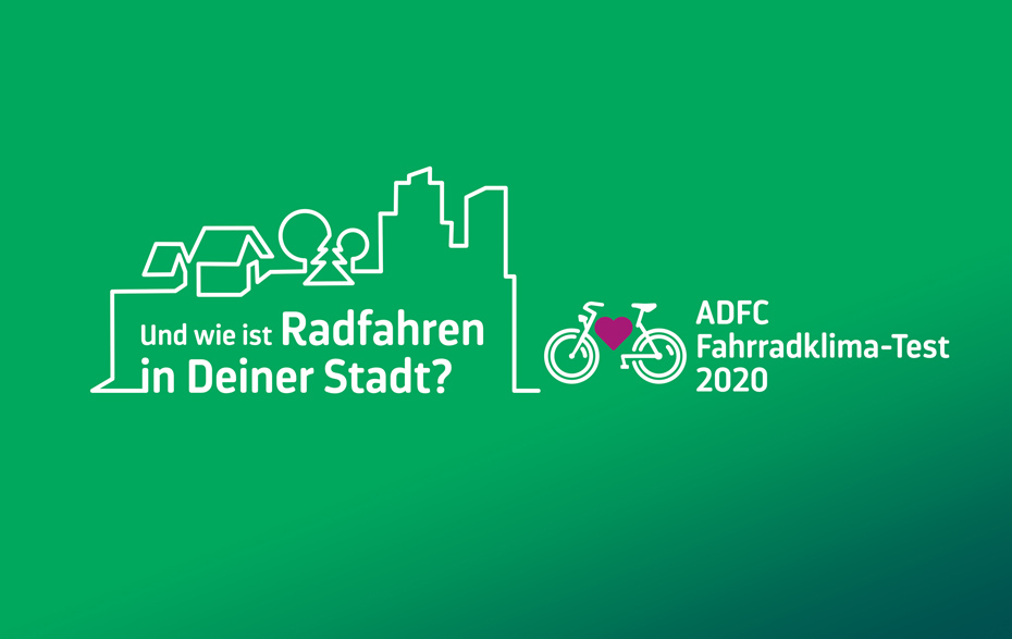 Grafik: weiße Schrift und Grafiken (Silhouette eines Ortes und ein Fahrrad mit pinkem Herz) auf grünem Grund