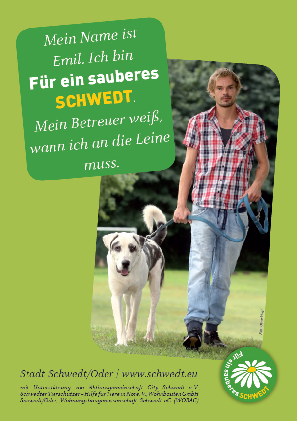 grünes Plakat mit Foto: Ein Mann führt einen Hund an der Leine