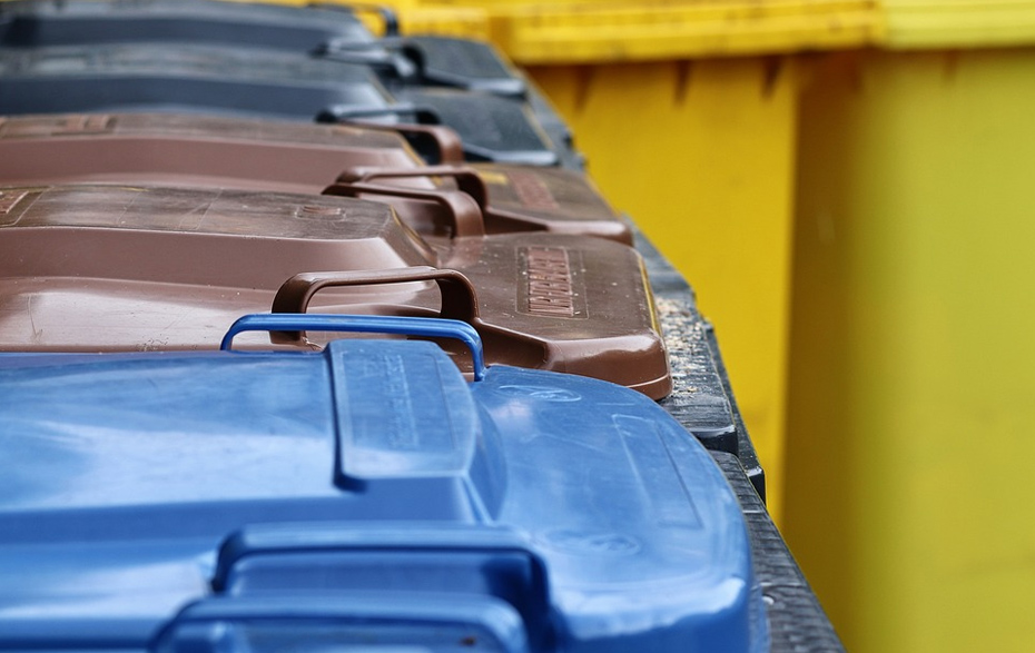 Foto: verschiedenfarbige Mülltonnen in einer Reihe