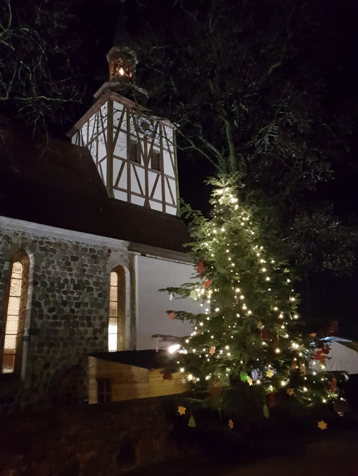 Foto: Weihnachtsbaum vor Kirche im Dunkeln
