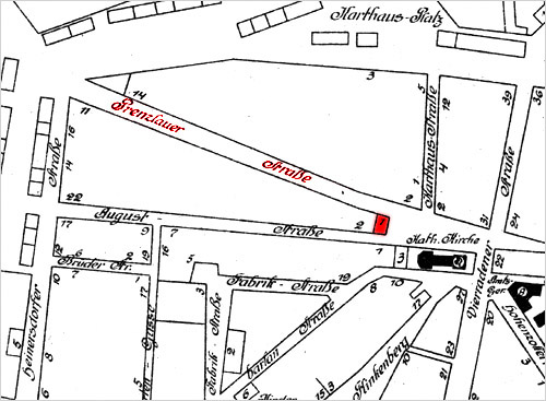 Stadtplanausschnitt mit der rot markierten Prenzlauer Straße