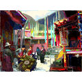 Kunstwerk: farbintensive Dorfansicht im Tibet