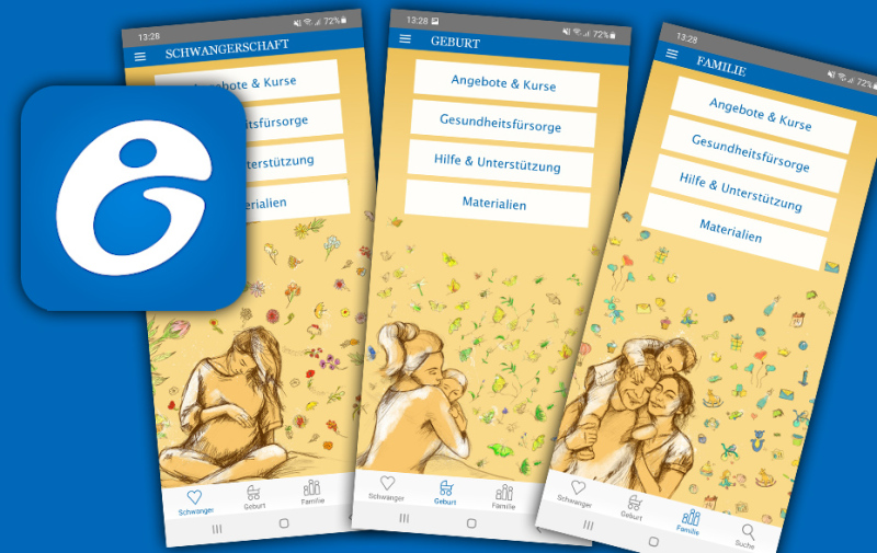 Grafik: Logo und 3 Ansichten der App