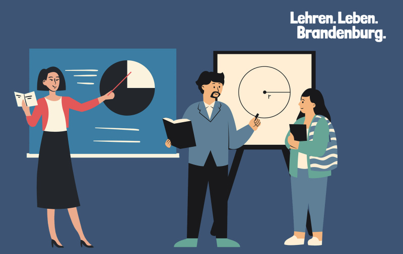 Grafik: Lehrerin zeigt auf ein Kreisdiagramm auf der Tafel, Lehrer und Schülerin stehen vor einem Aufsteller