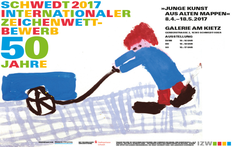 Plakat mit bunter Schrift und einem Jungen mit blauem Wagen