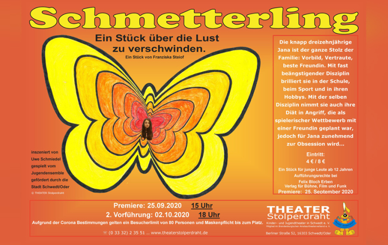 Grafik: gelb-oranger abstakter Schmetterling auf organgenem Grund mit Text und Logo